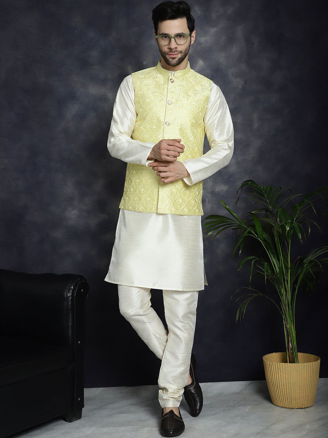 Men's Sequins and Embroidered Nehru Jacket With Solid Kurta Pyjama - Taantav