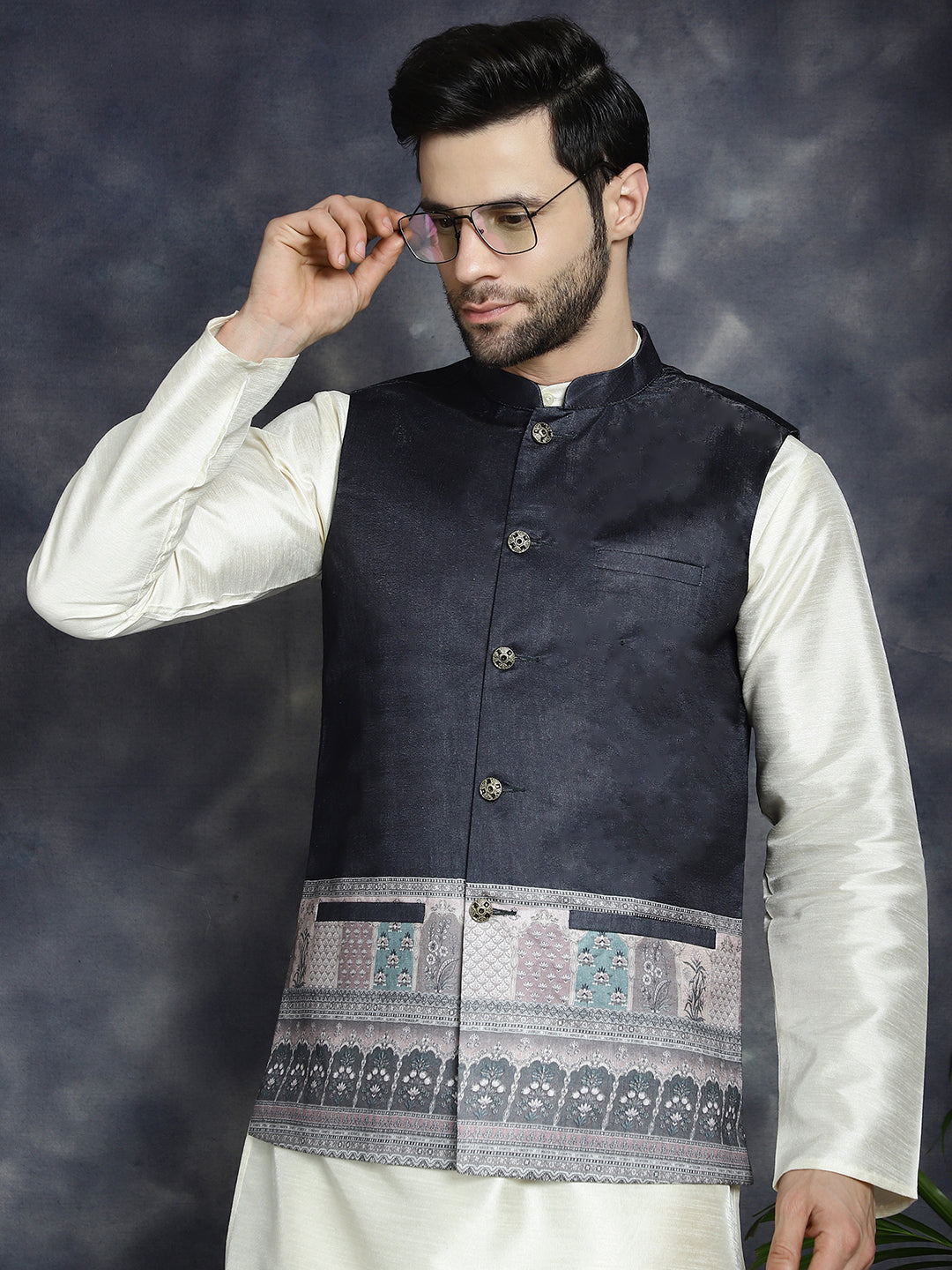 Men's Printed Nehru Jacket With Solid Kurta Pyjama - Taantav