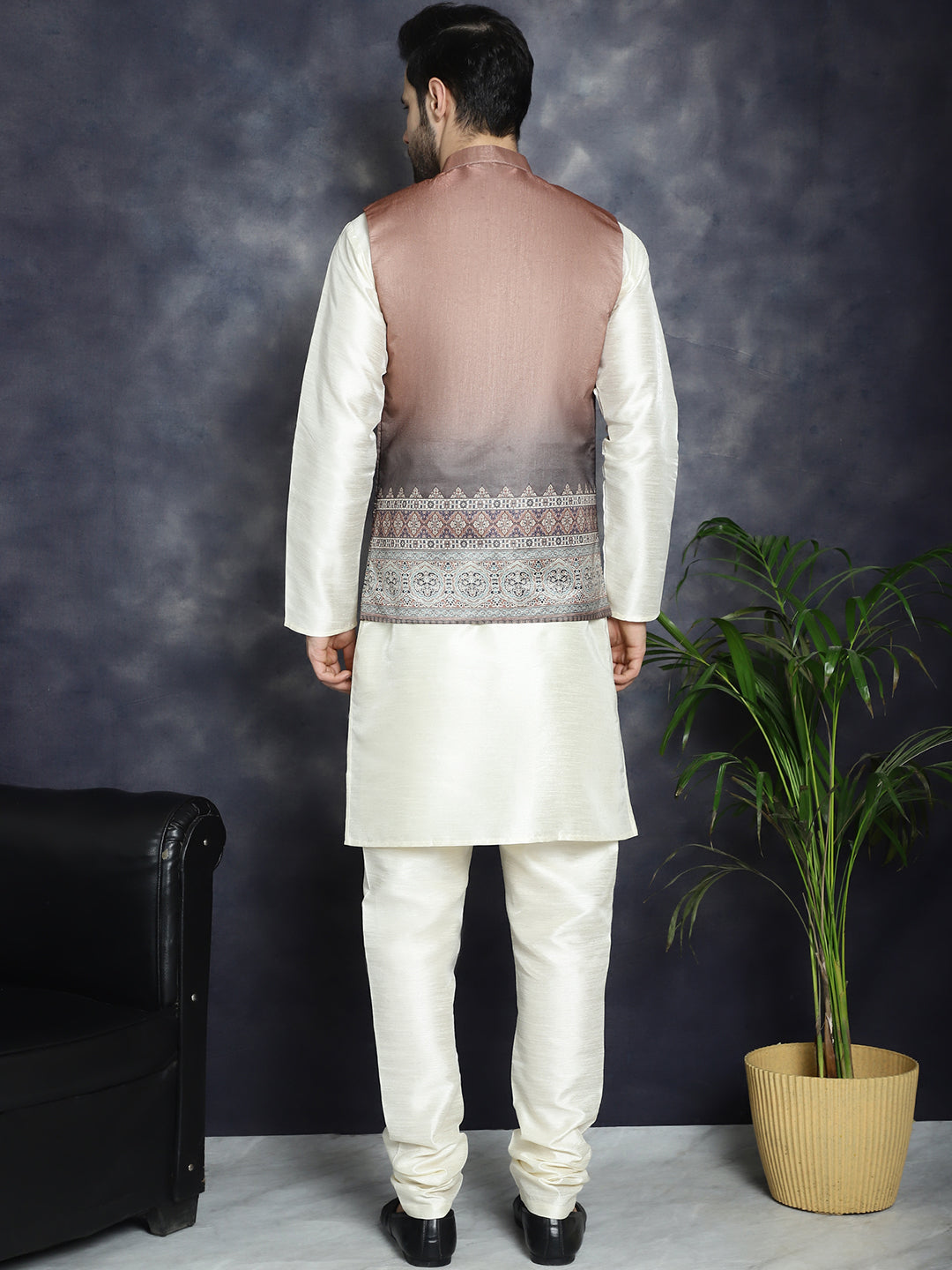 Men's Printed Nehru Jacket With Solid Kurta Pyjama - Taantav