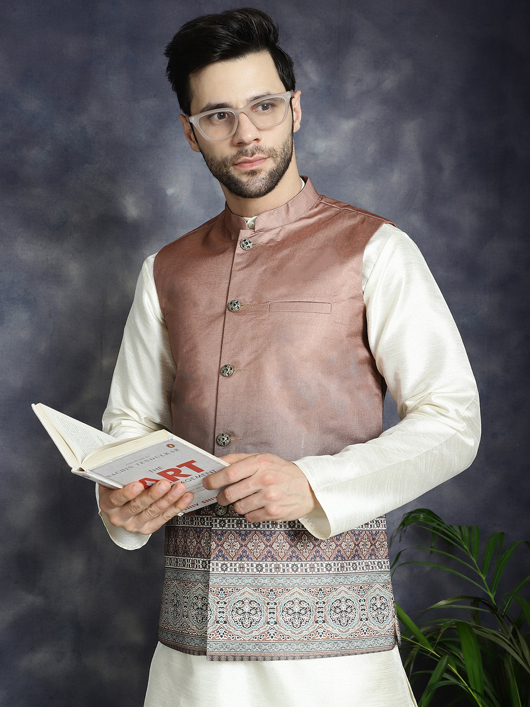 Men's Printed Nehru Jacket With Solid Kurta Pyjama - Taantav