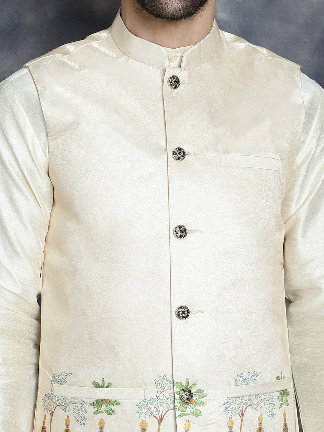 Men's Printed Nehru Jacket With Solid Kurta Pyjama - Taantav