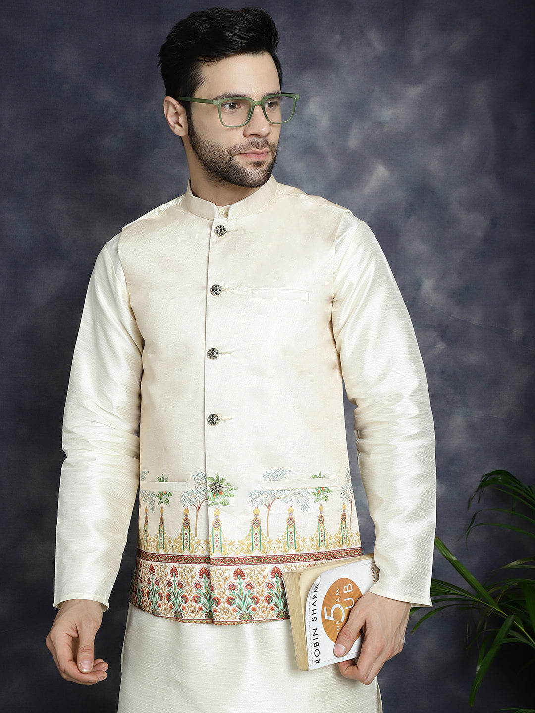 Men's Printed Nehru Jacket With Solid Kurta Pyjama - Taantav