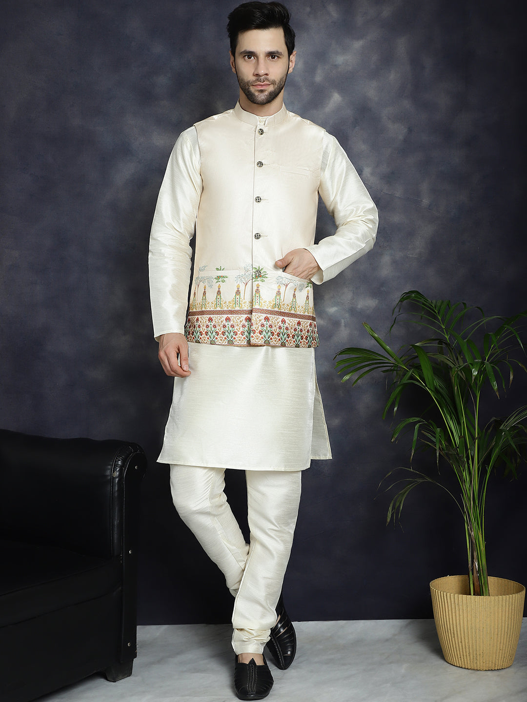 Men's Printed Nehru Jacket With Solid Kurta Pyjama - Taantav