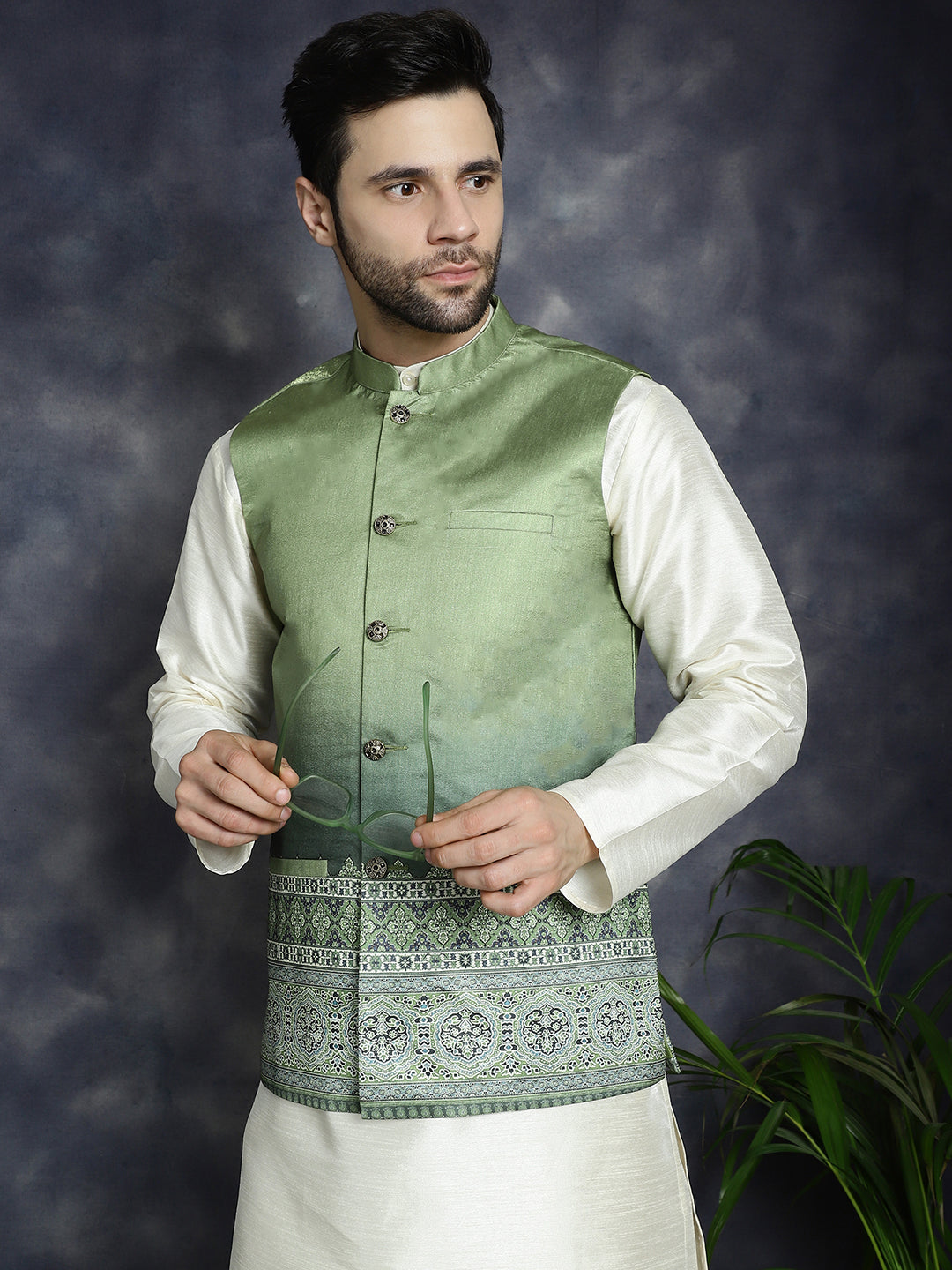 Men's Printed Nehru Jacket With Solid Kurta Pyjama - Taantav