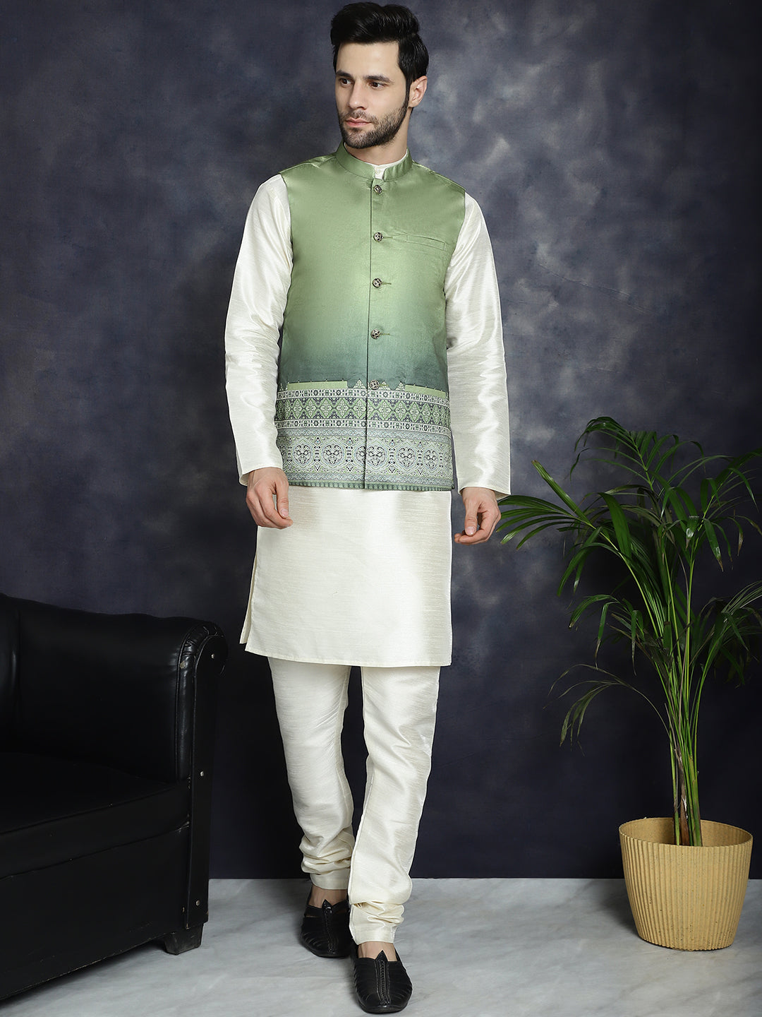 Men's Printed Nehru Jacket With Solid Kurta Pyjama - Taantav