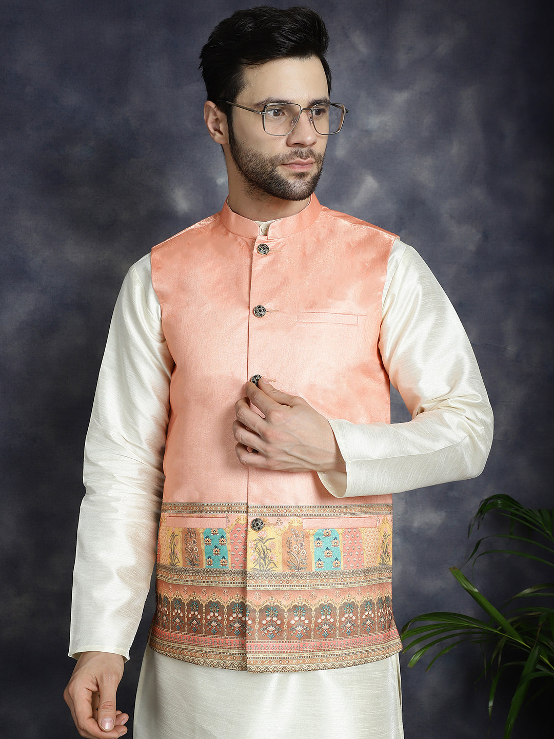 Men's Printed Nehru Jacket With Solid Kurta Pyjama - Taantav