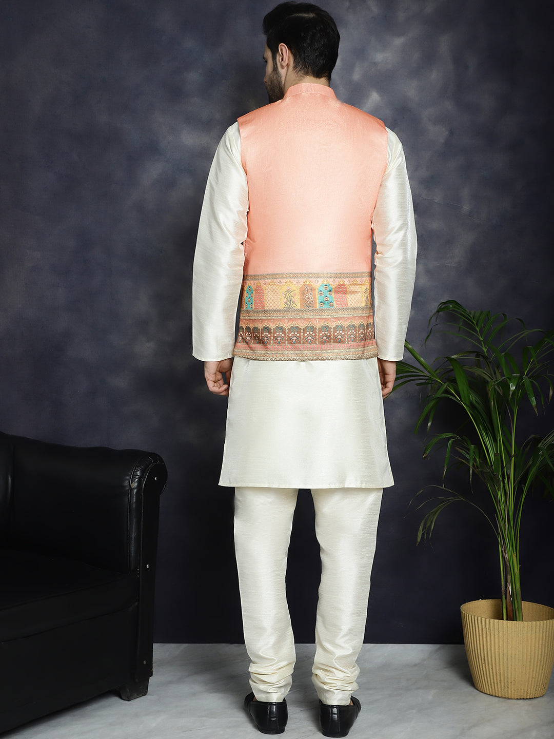 Men's Printed Nehru Jacket With Solid Kurta Pyjama - Taantav