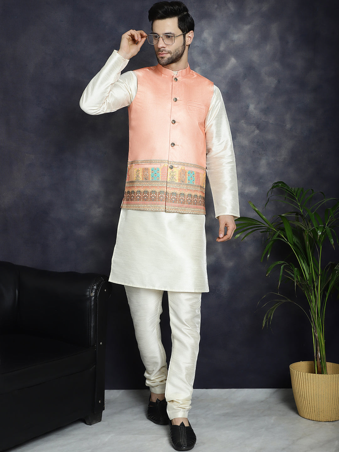 Men's Printed Nehru Jacket With Solid Kurta Pyjama - Taantav