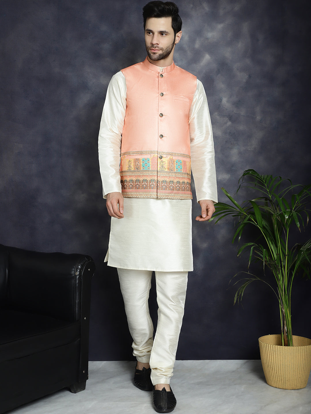 Men's Printed Nehru Jacket With Solid Kurta Pyjama - Taantav