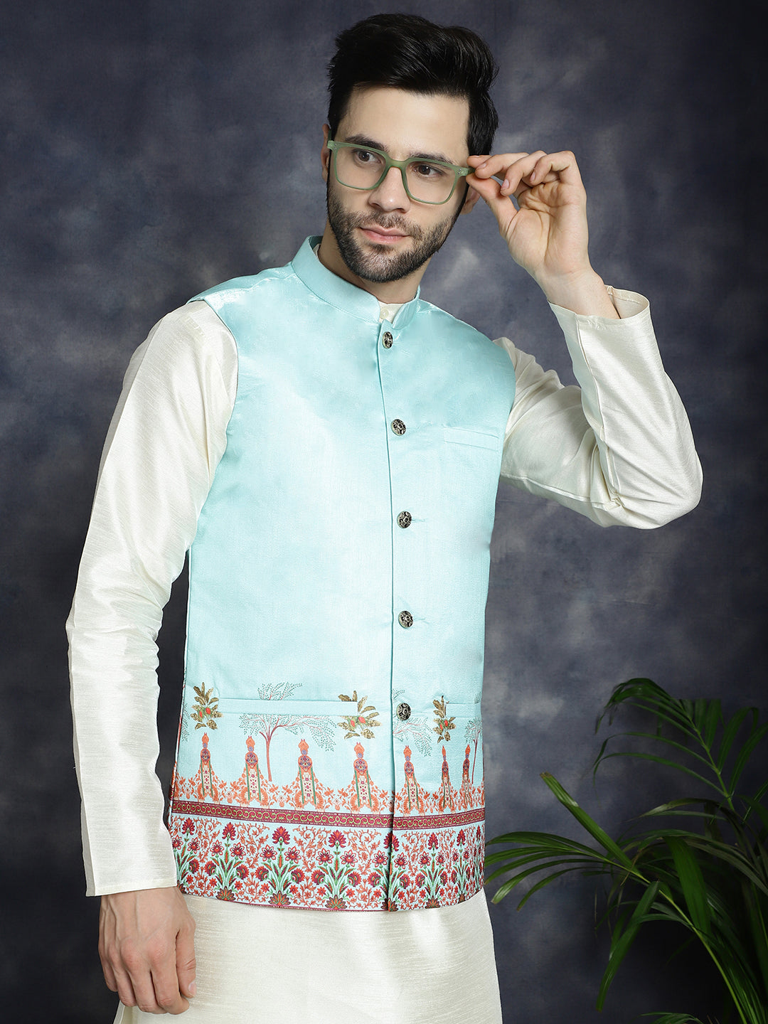 Men's Printed Nehru Jacket With Solid Kurta Pyjama - Taantav