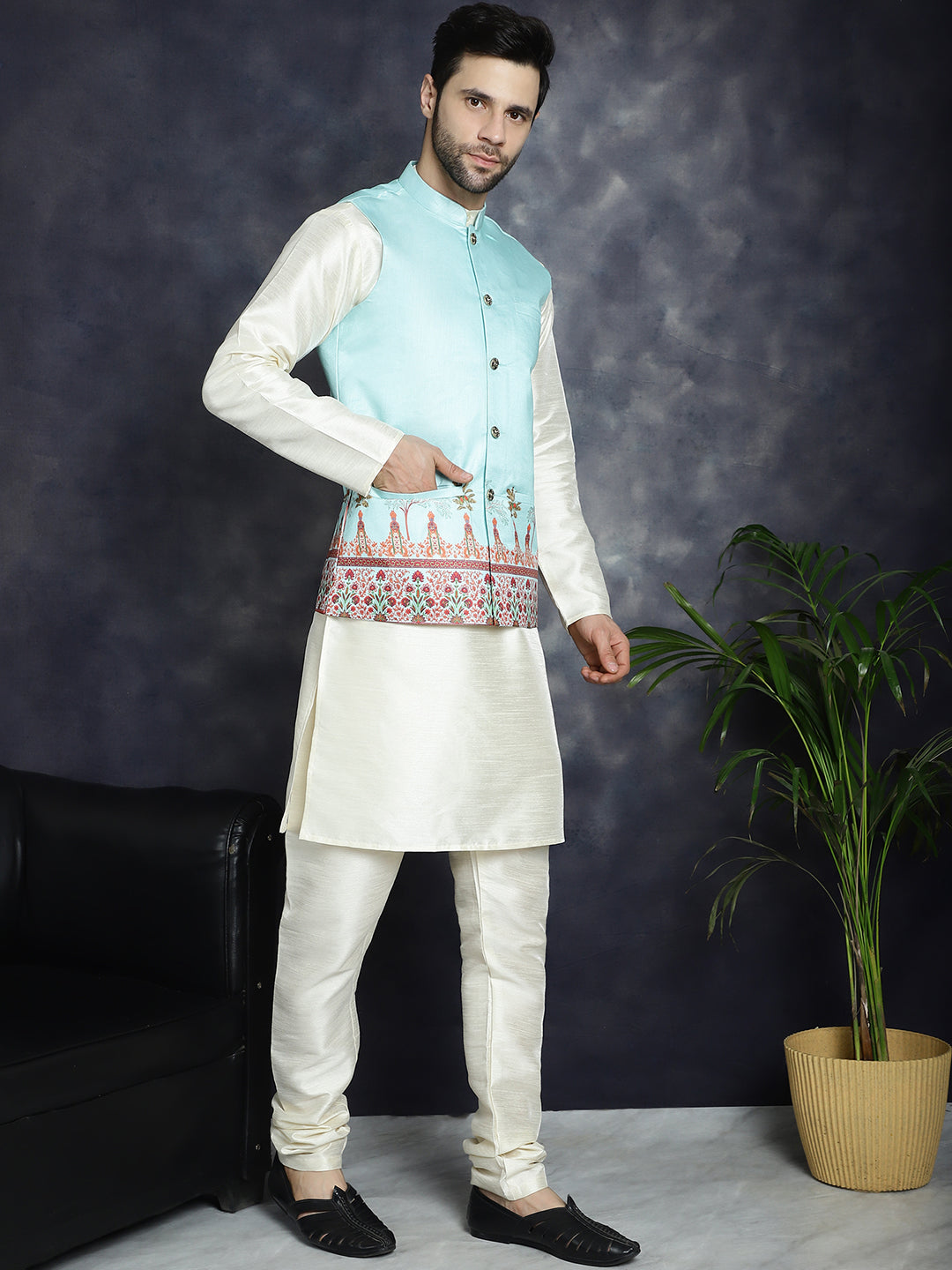 Men's Printed Nehru Jacket With Solid Kurta Pyjama - Taantav