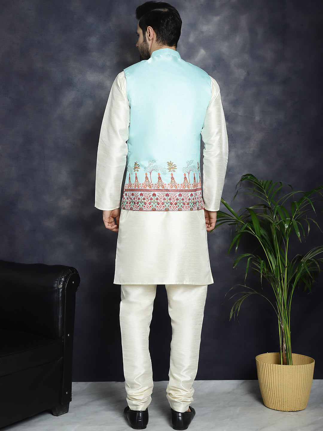 Men's Printed Nehru Jacket With Solid Kurta Pyjama - Taantav