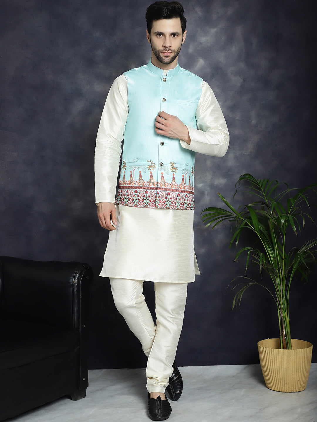 Men's Printed Nehru Jacket With Solid Kurta Pyjama - Taantav