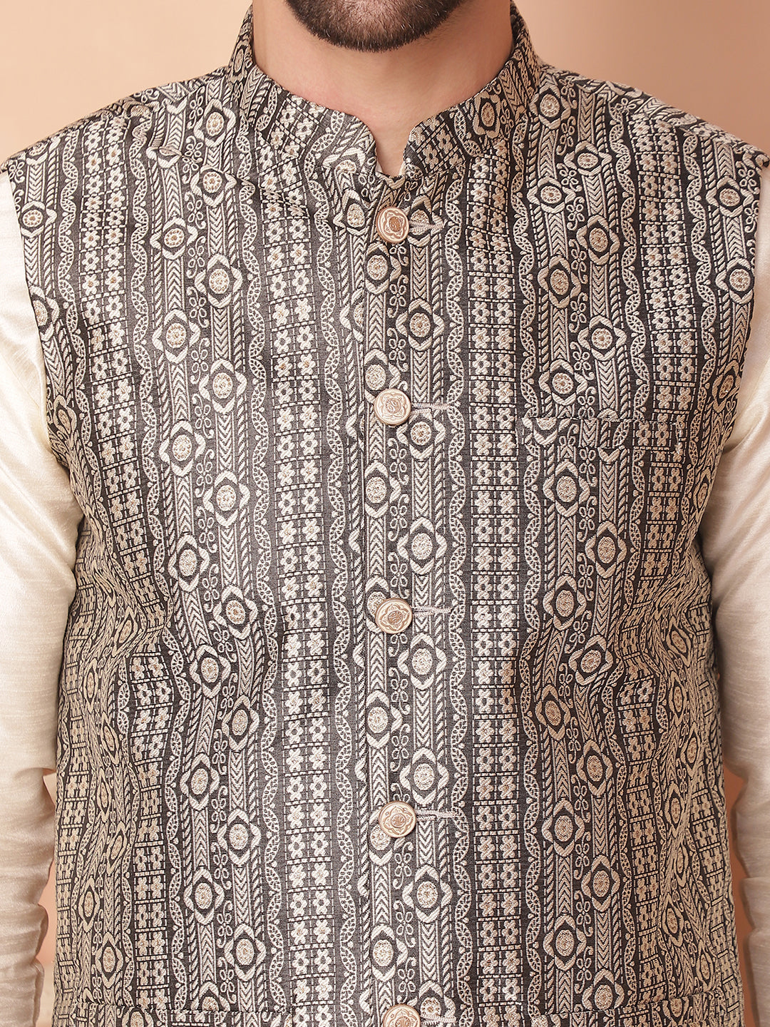 Men's Woven Design Nehru Jacket With Solid Kurta Pyjama - Taantav