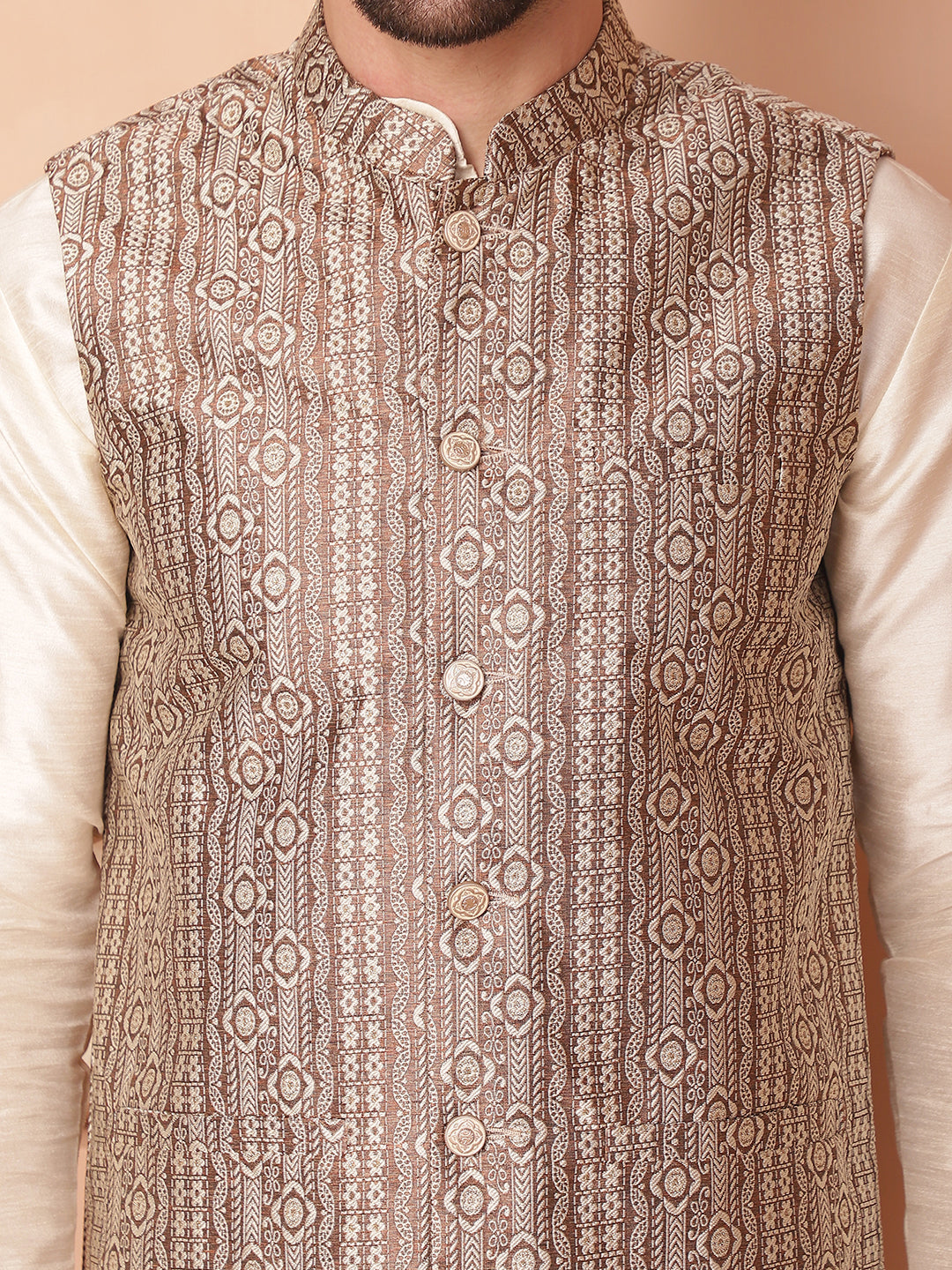 Men's Woven Design Nehru Jacket With Solid Kurta Pyjama - Taantav