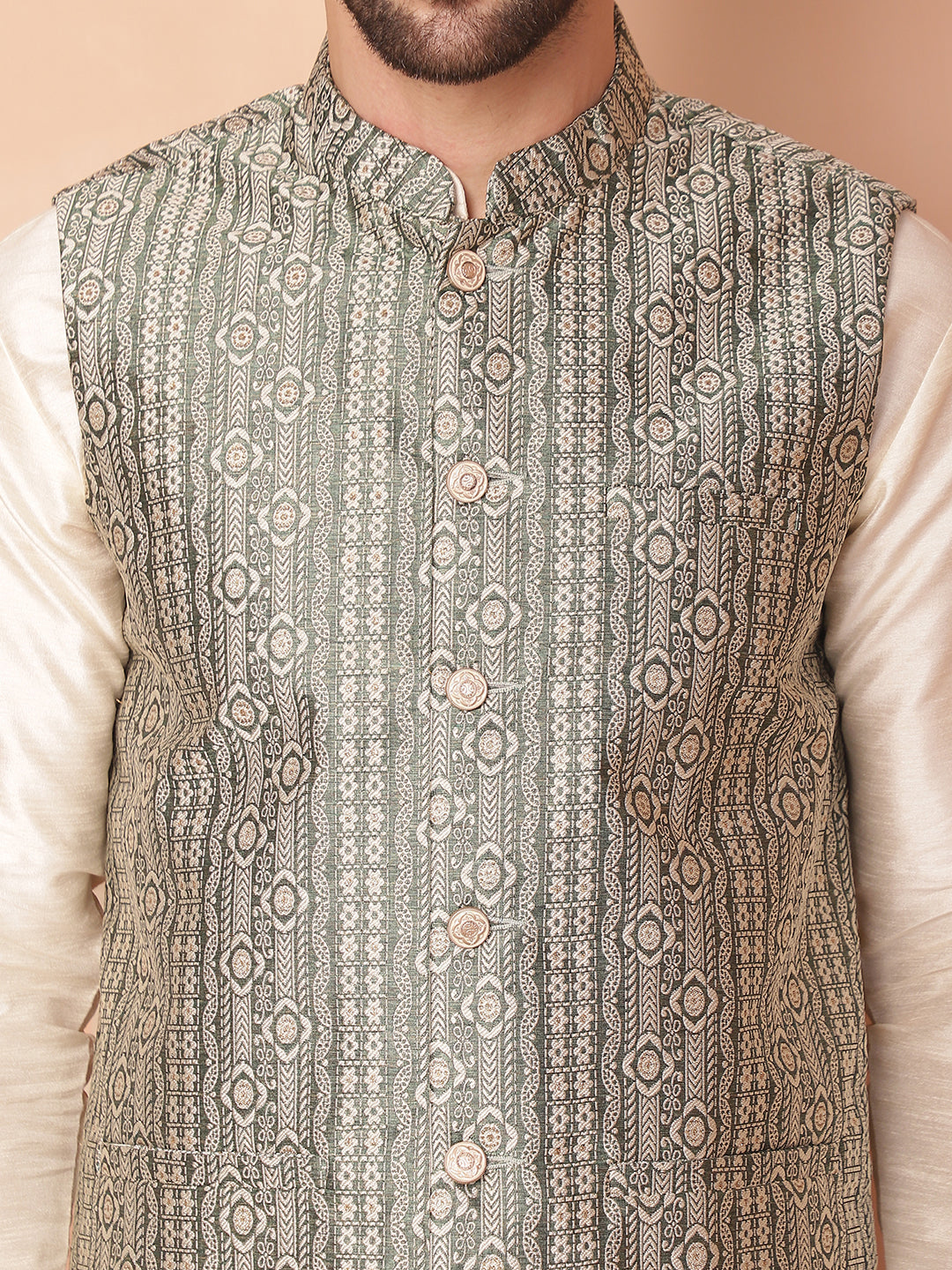 Men's Woven Design Nehru Jacket With Solid Kurta Pyjama - Taantav