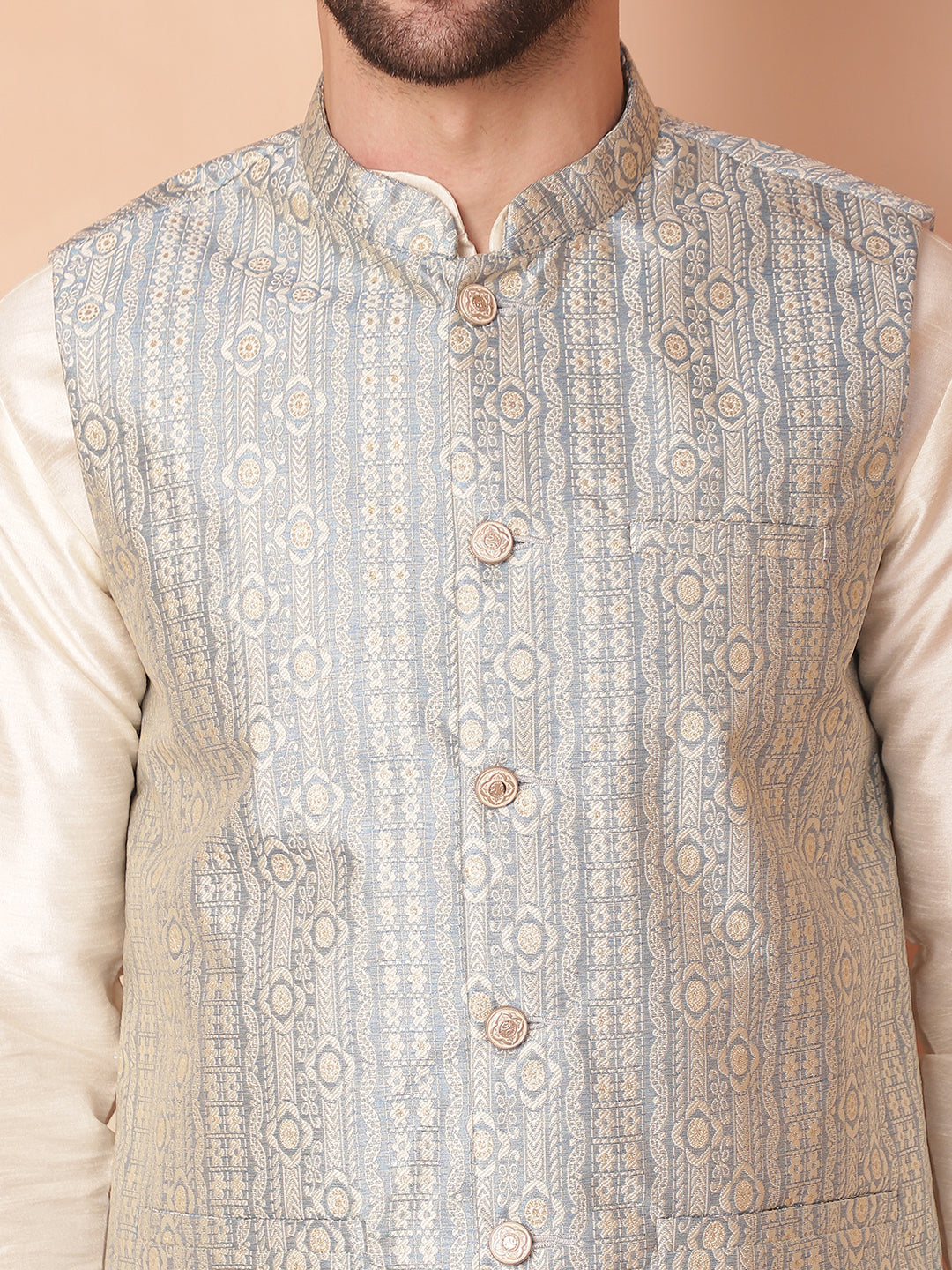 Men's Woven Design Nehru Jacket With Solid Kurta Pyjama - Taantav