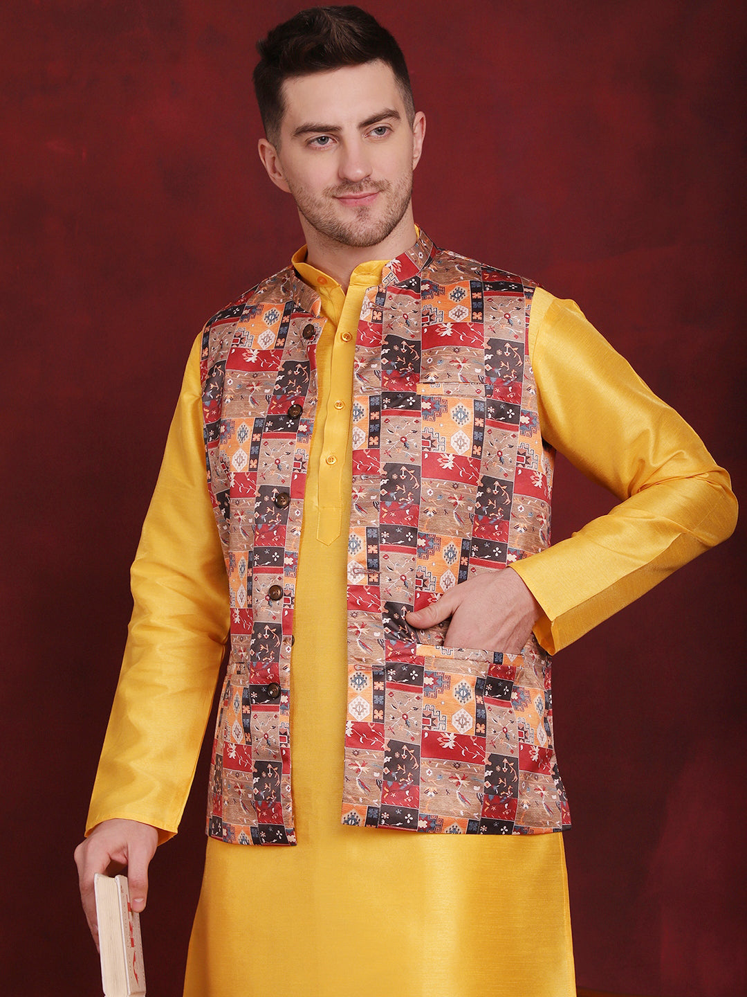 Men's Multi Printed Nehru Jacket With Kurta Pyjama Set - Taantav