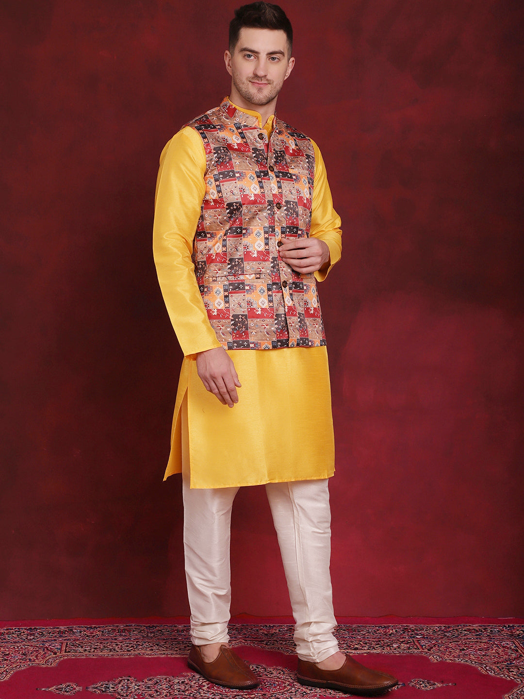 Men's Multi Printed Nehru Jacket With Kurta Pyjama Set - Taantav