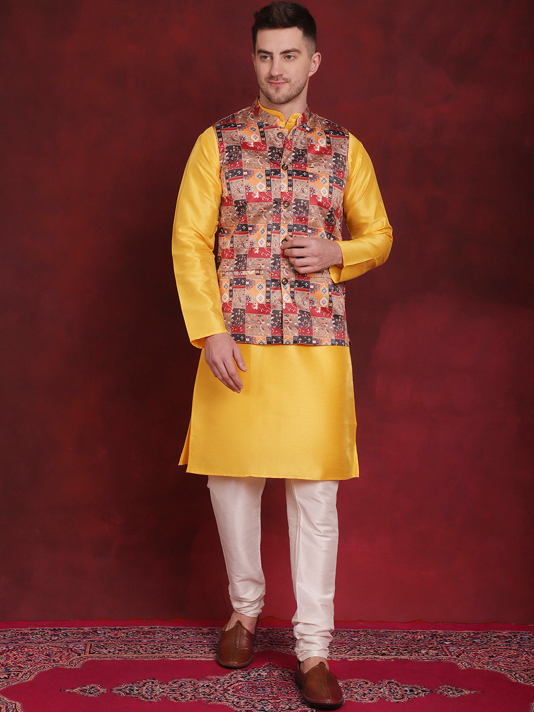 Men's Multi Printed Nehru Jacket With Kurta Pyjama Set - Taantav