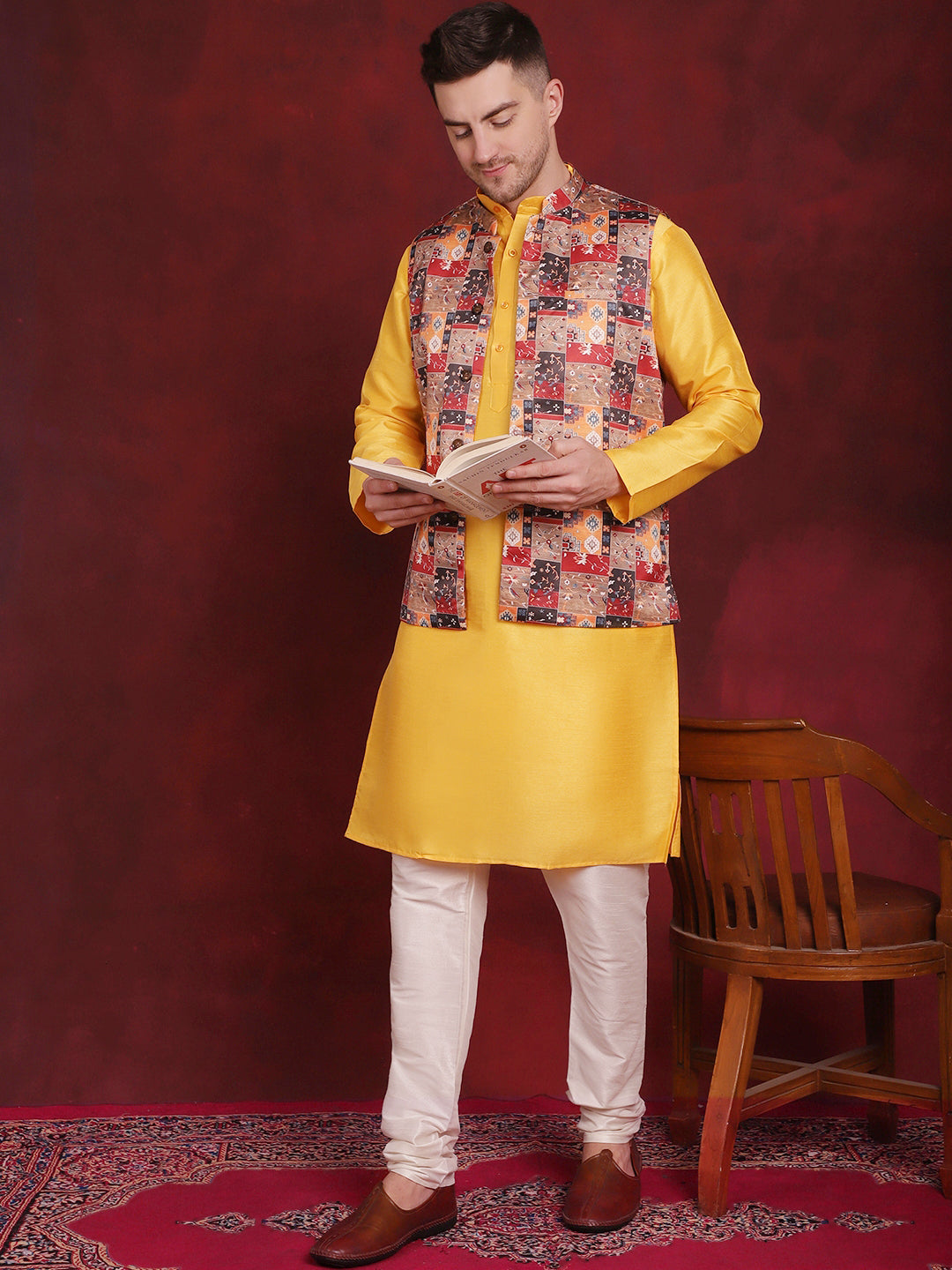 Men's Multi Printed Nehru Jacket With Kurta Pyjama Set - Taantav