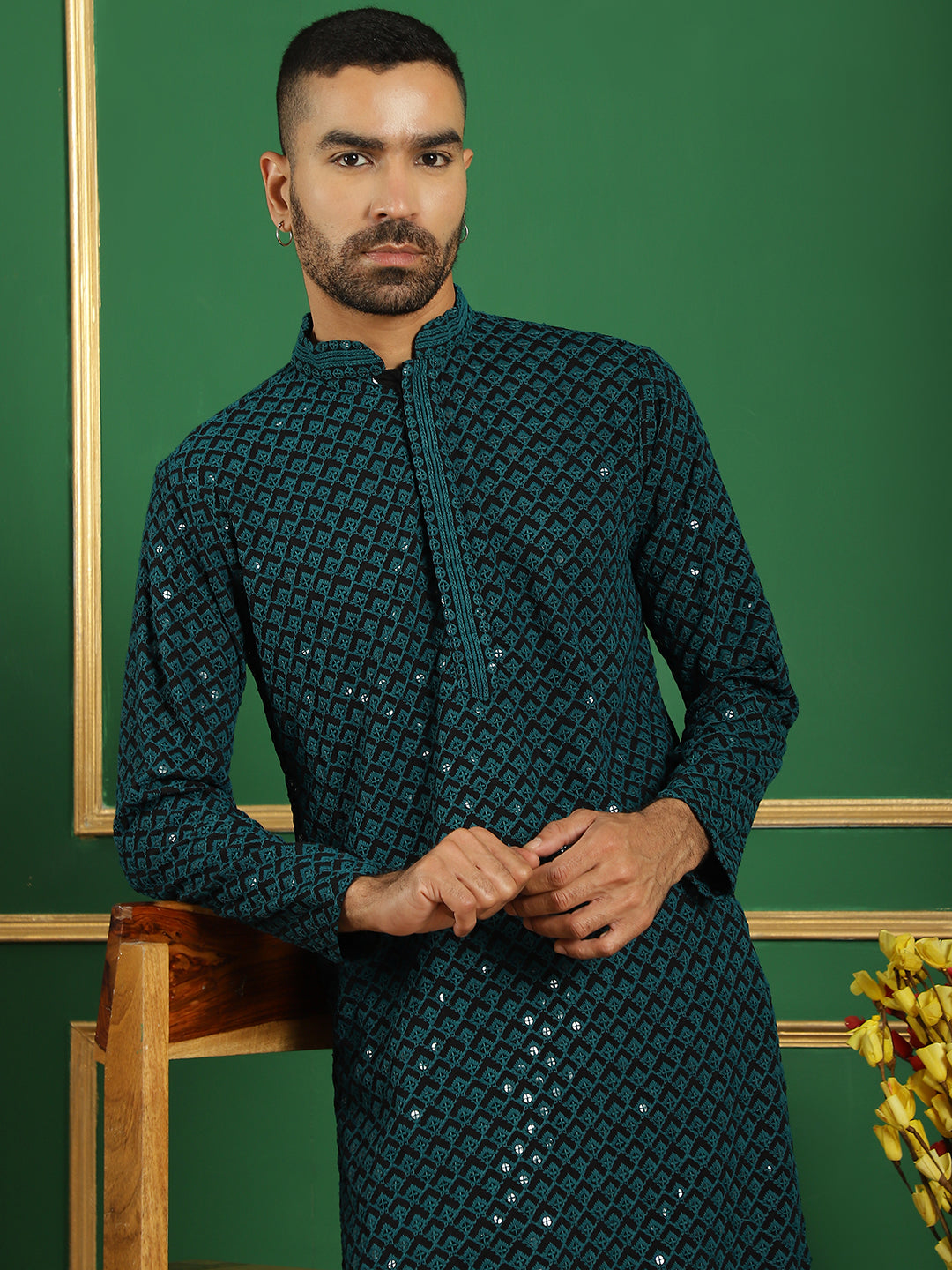 Men's Sequin Embroidered Pure Cotton Kurta with Pyjamas - Taantav