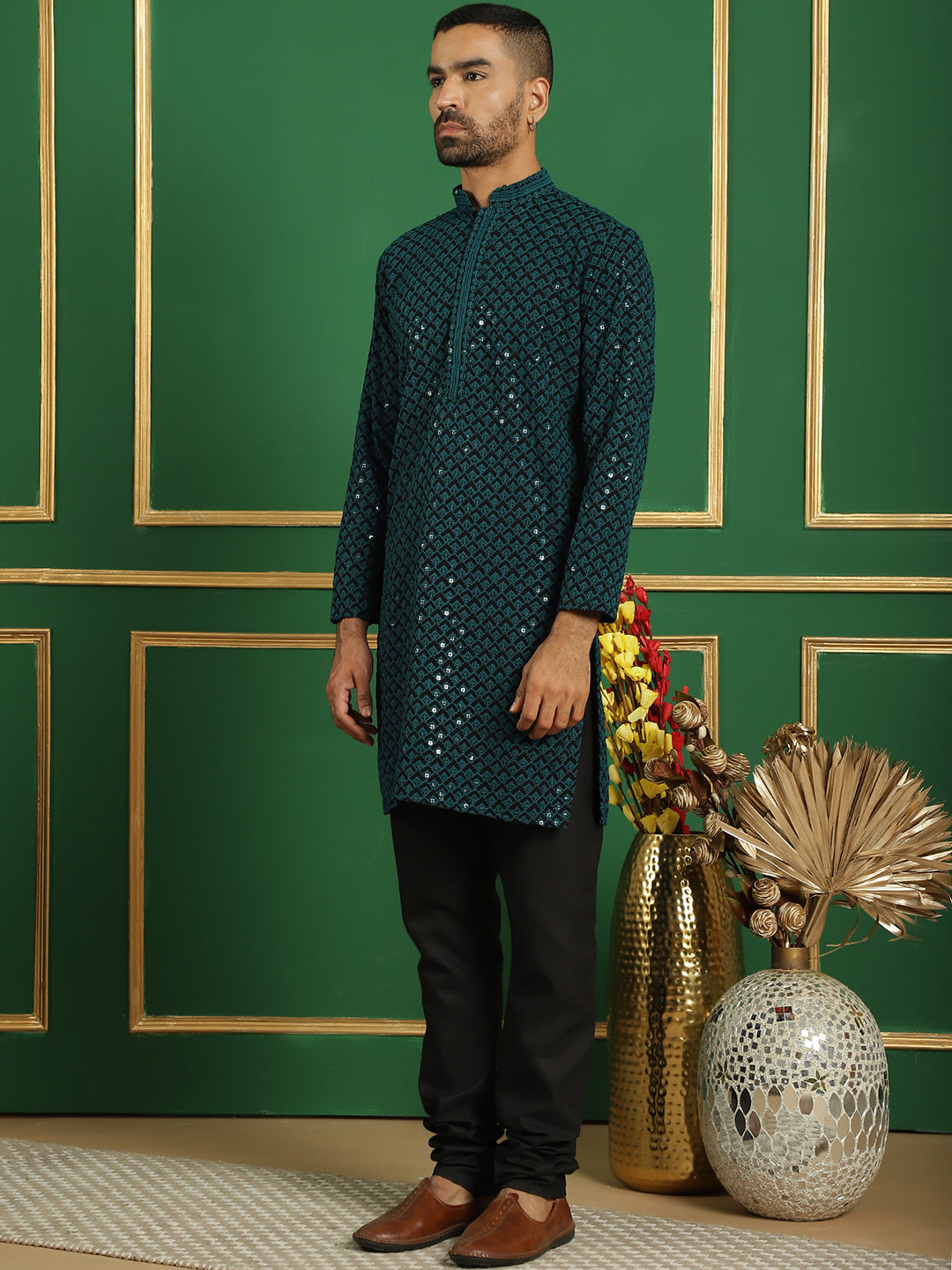 Men's Sequin Embroidered Pure Cotton Kurta with Pyjamas - Taantav