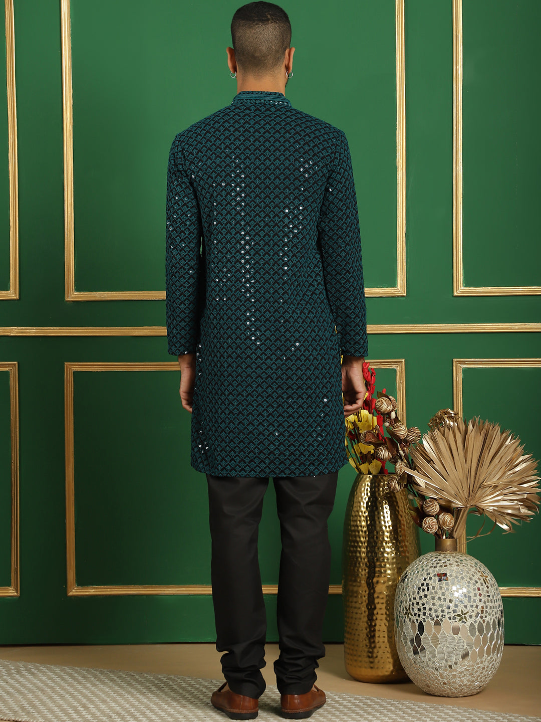 Men's Sequin Embroidered Pure Cotton Kurta with Pyjamas - Taantav