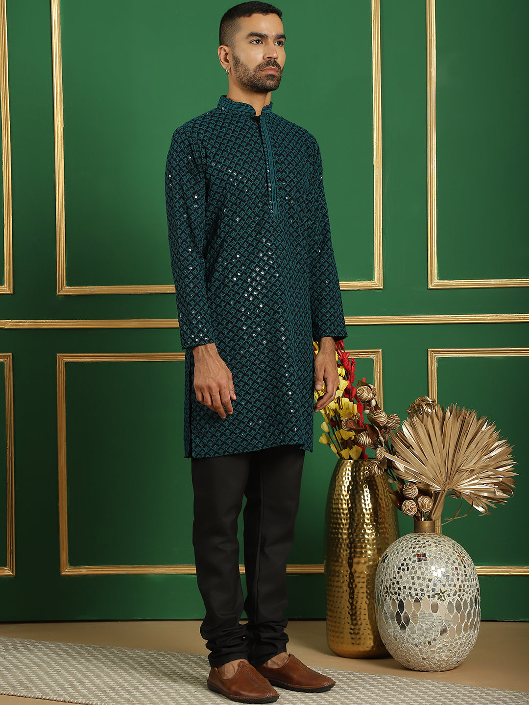 Men's Sequin Embroidered Pure Cotton Kurta with Pyjamas - Taantav