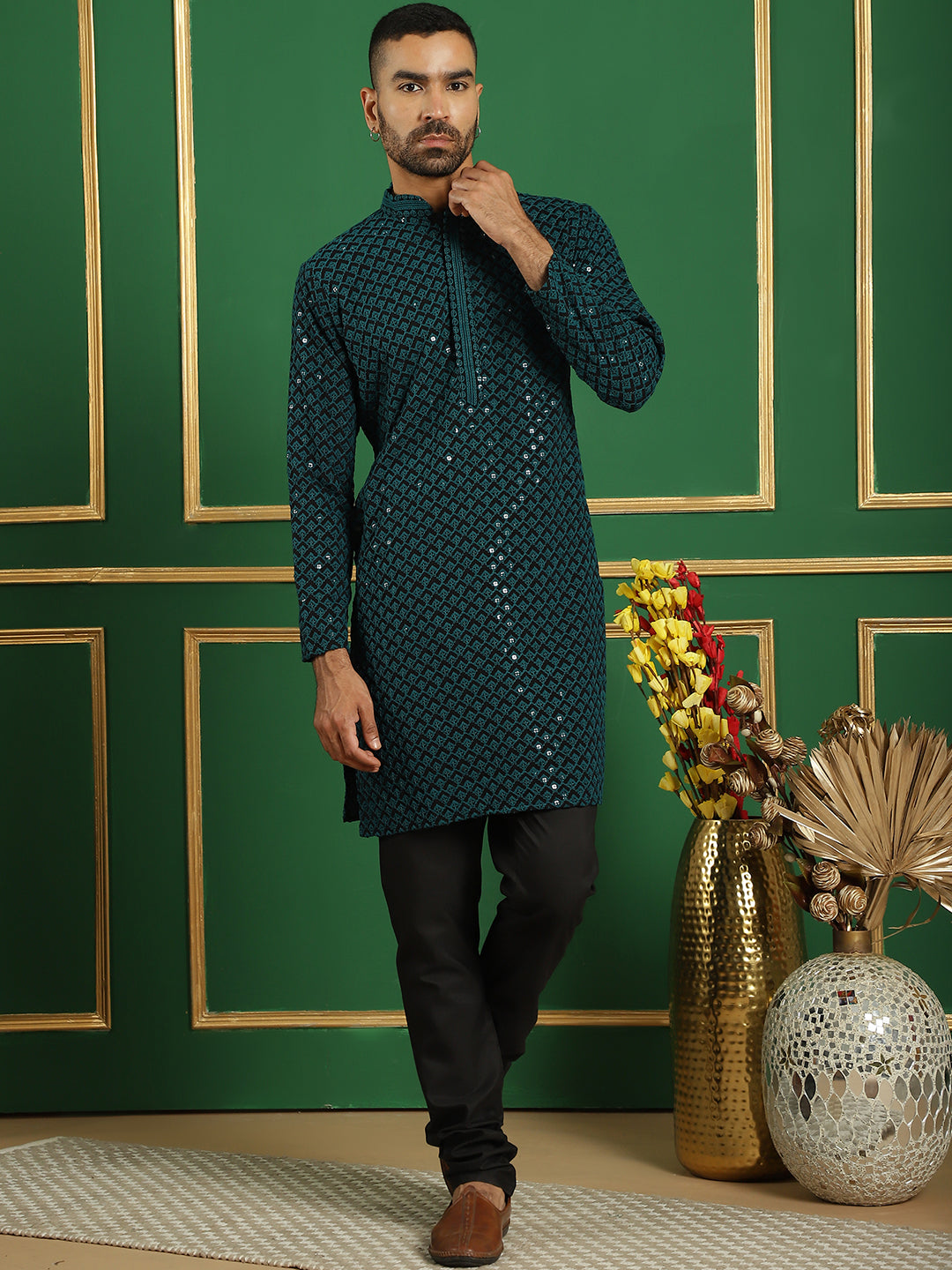 Men's Sequin Embroidered Pure Cotton Kurta with Pyjamas - Taantav