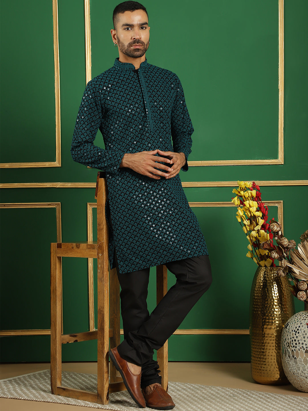 Men's Sequin Embroidered Pure Cotton Kurta with Pyjamas - Taantav