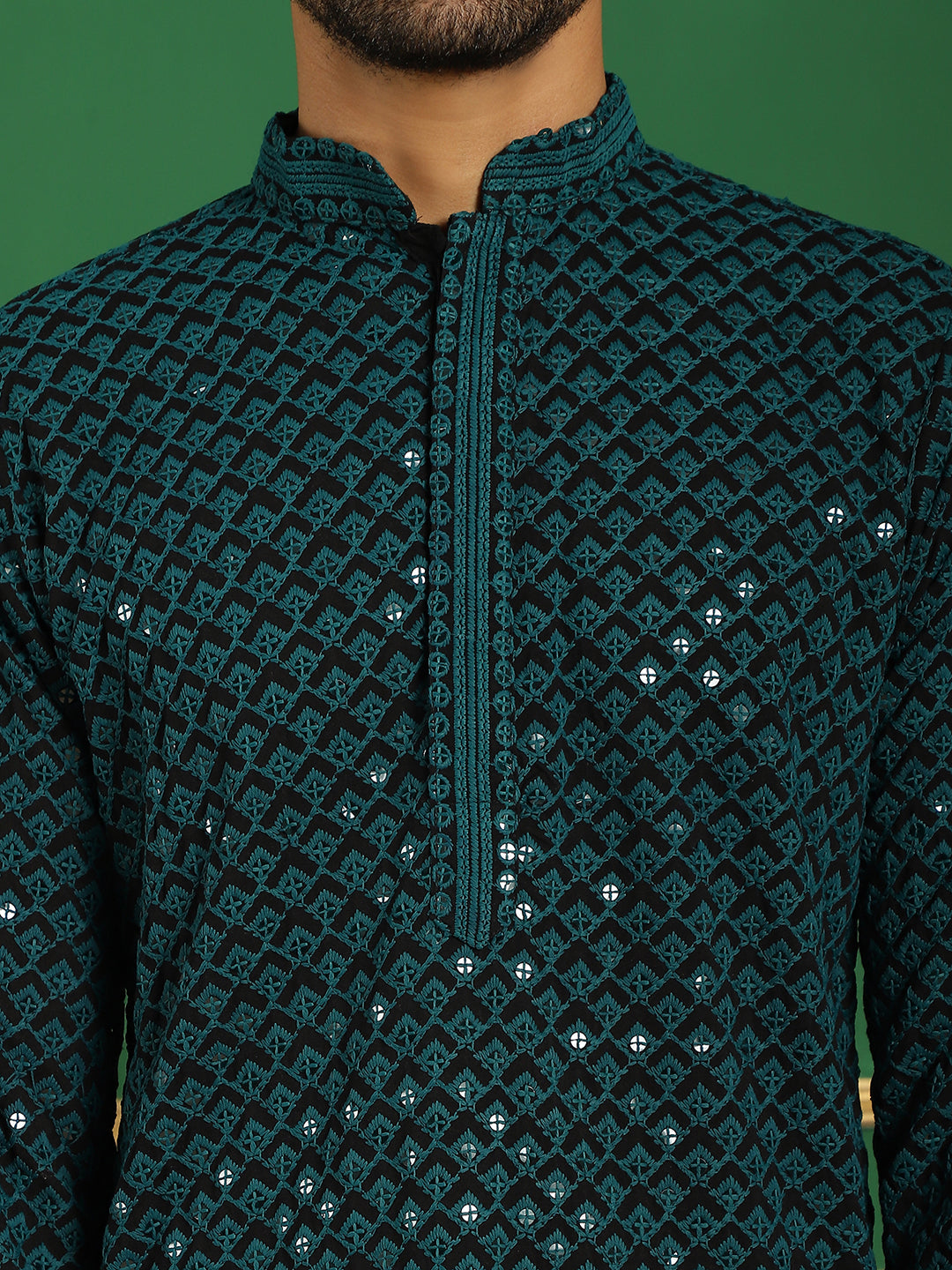 Men's Sequin Embroidered Pure Cotton Kurta with Pyjamas - Taantav