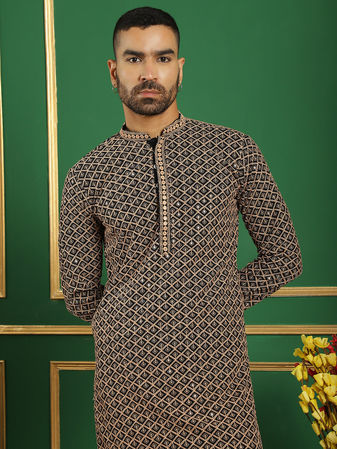 Men's Sequin Embroidered Pure Cotton Kurta with Pyjamas - Taantav