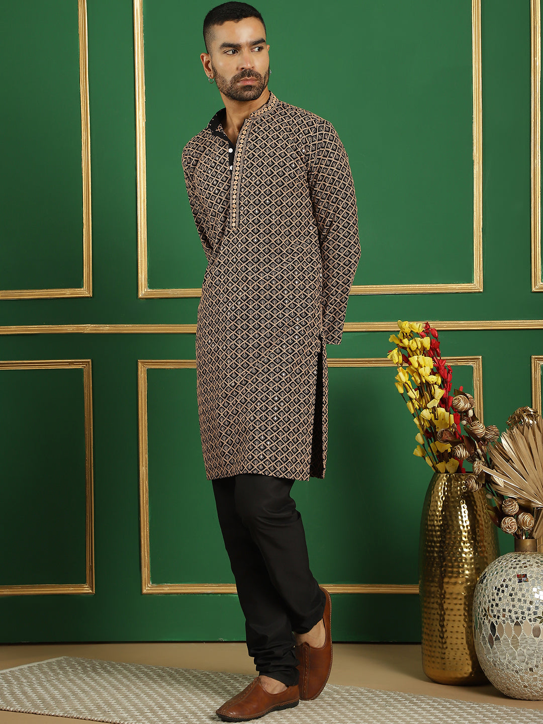 Men's Sequin Embroidered Pure Cotton Kurta with Pyjamas - Taantav