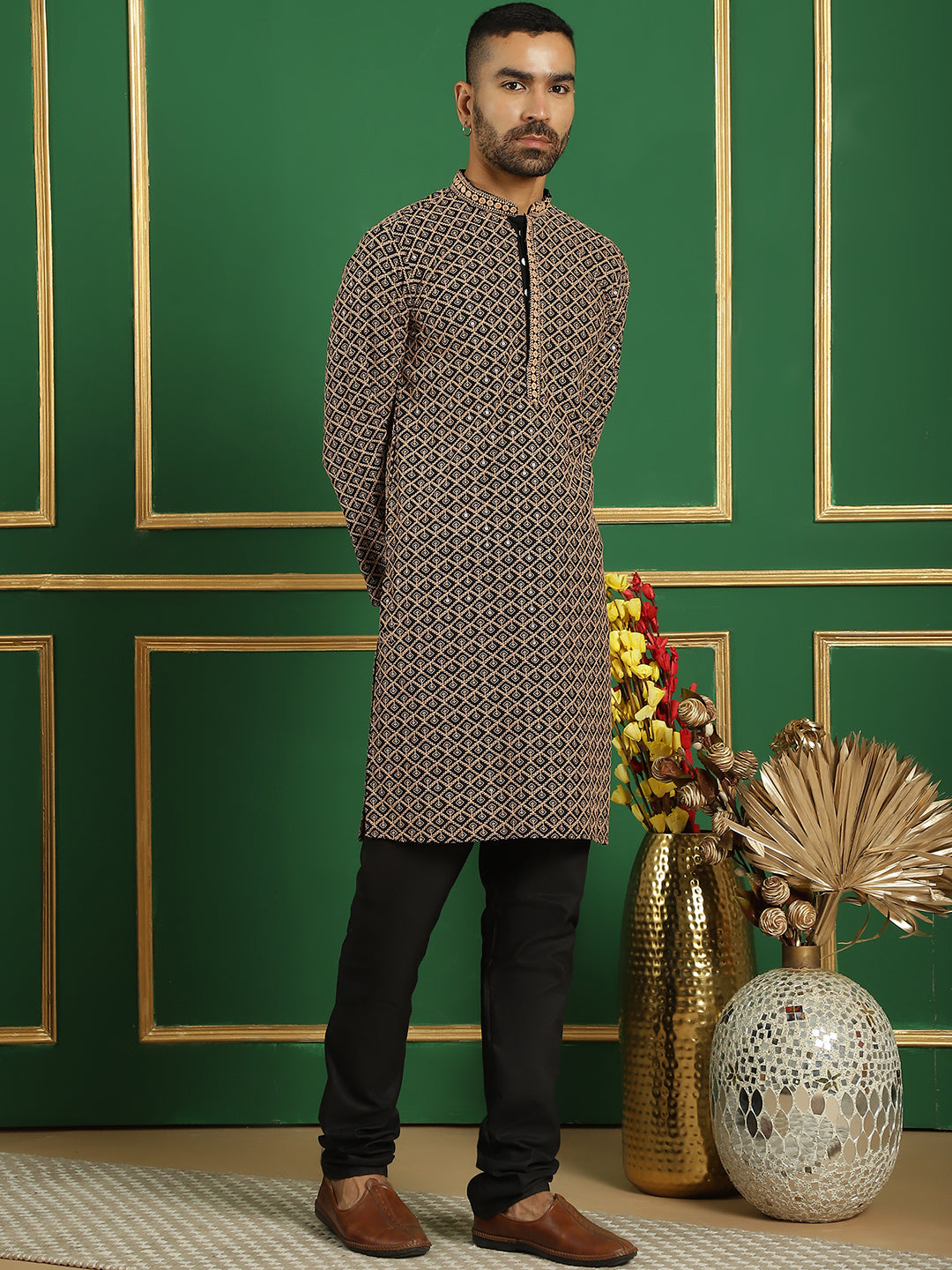 Men's Sequin Embroidered Pure Cotton Kurta with Pyjamas - Taantav