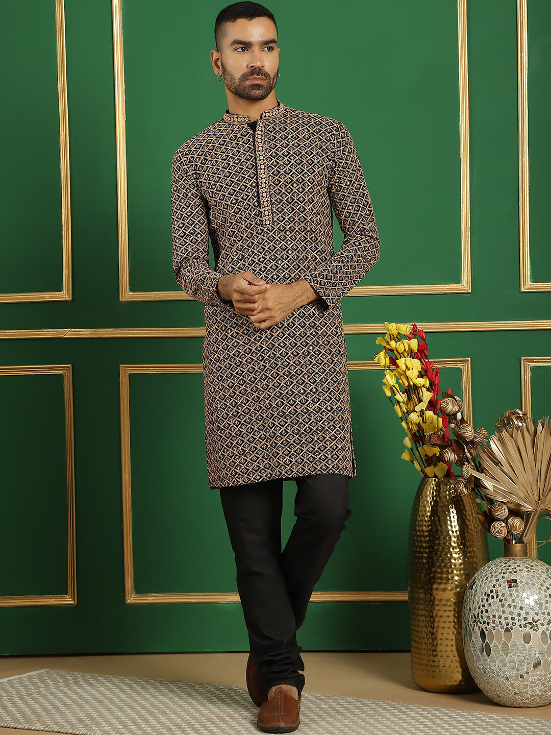 Men's Sequin Embroidered Pure Cotton Kurta with Pyjamas - Taantav