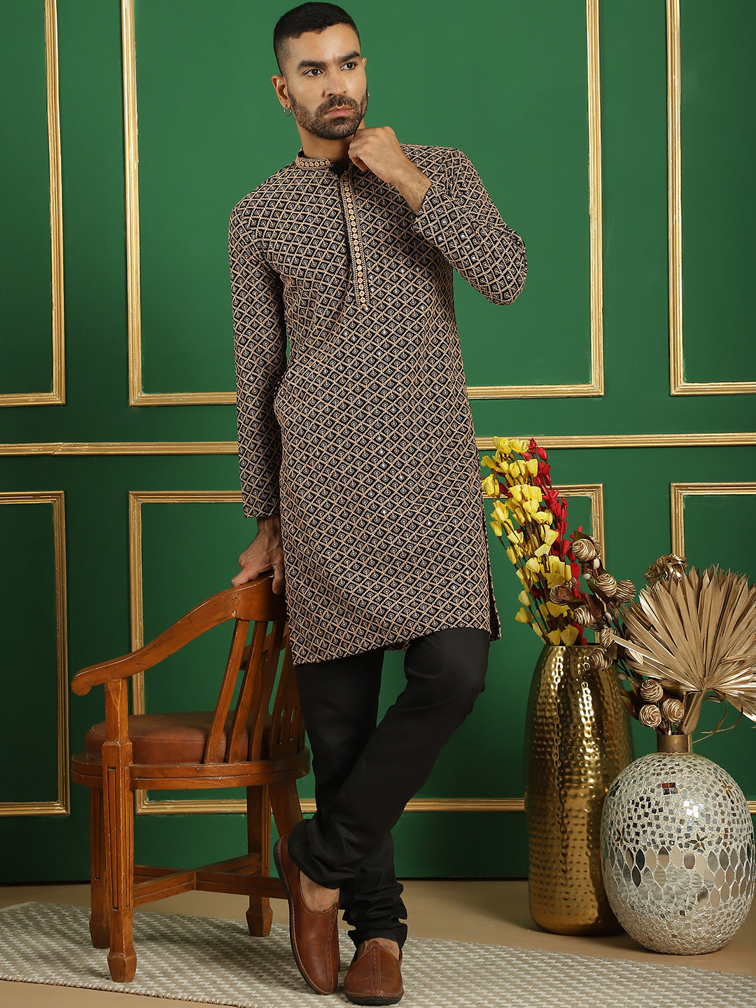 Men's Sequin Embroidered Pure Cotton Kurta with Pyjamas - Taantav