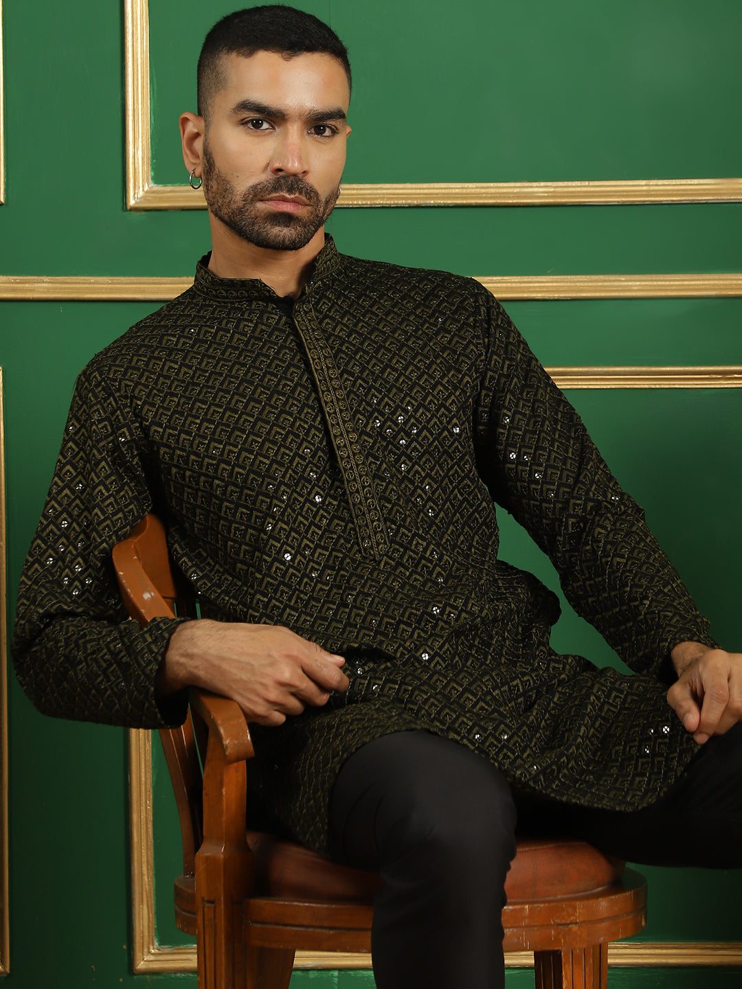 Men's Sequin Embroidered Pure Cotton Kurta with Pyjamas - Taantav