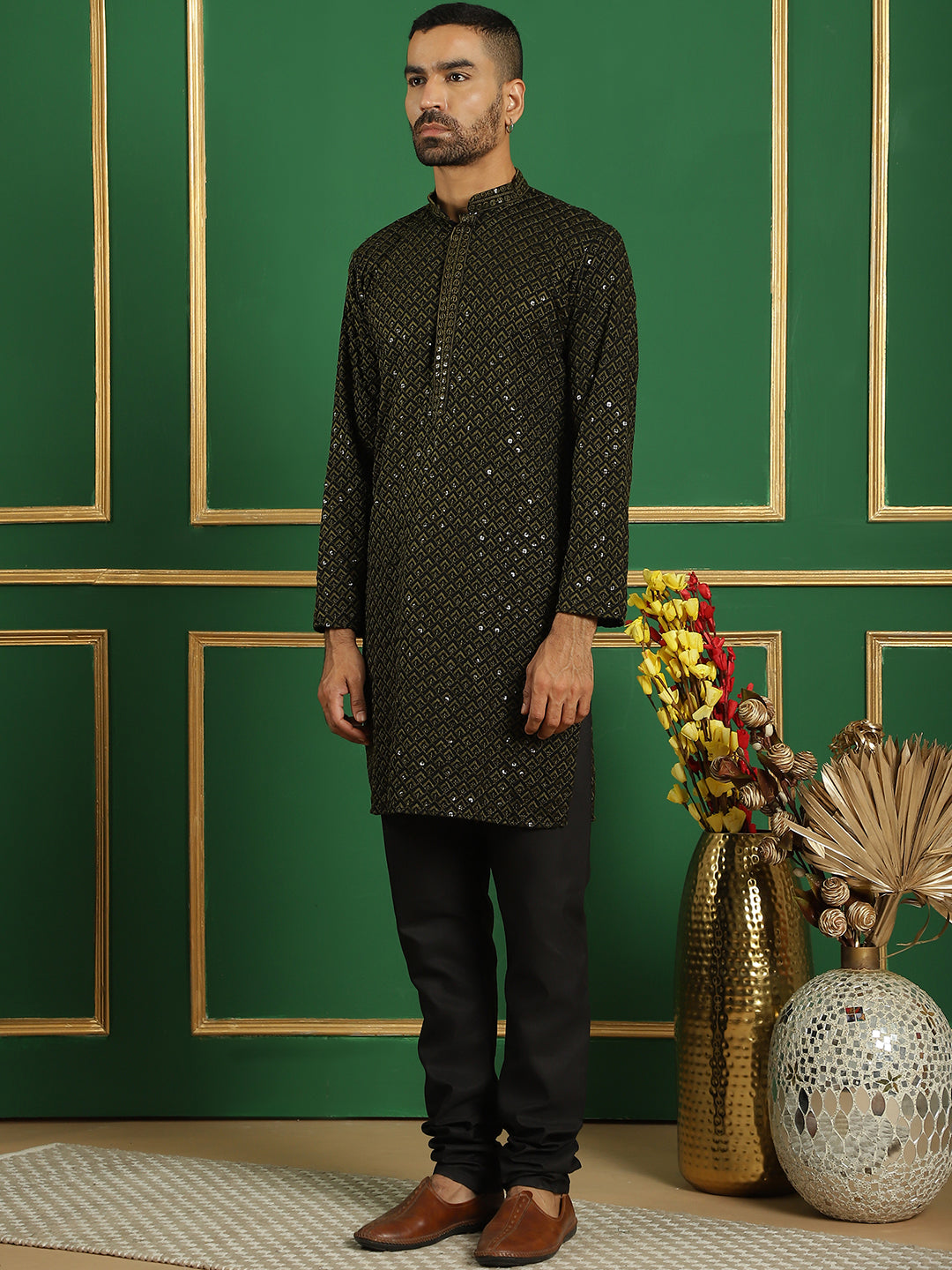 Men's Sequin Embroidered Pure Cotton Kurta with Pyjamas - Taantav