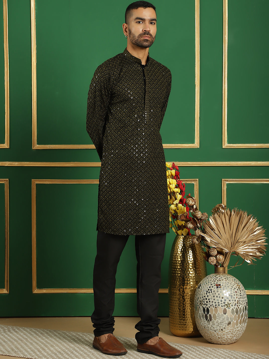 Men's Sequin Embroidered Pure Cotton Kurta with Pyjamas - Taantav