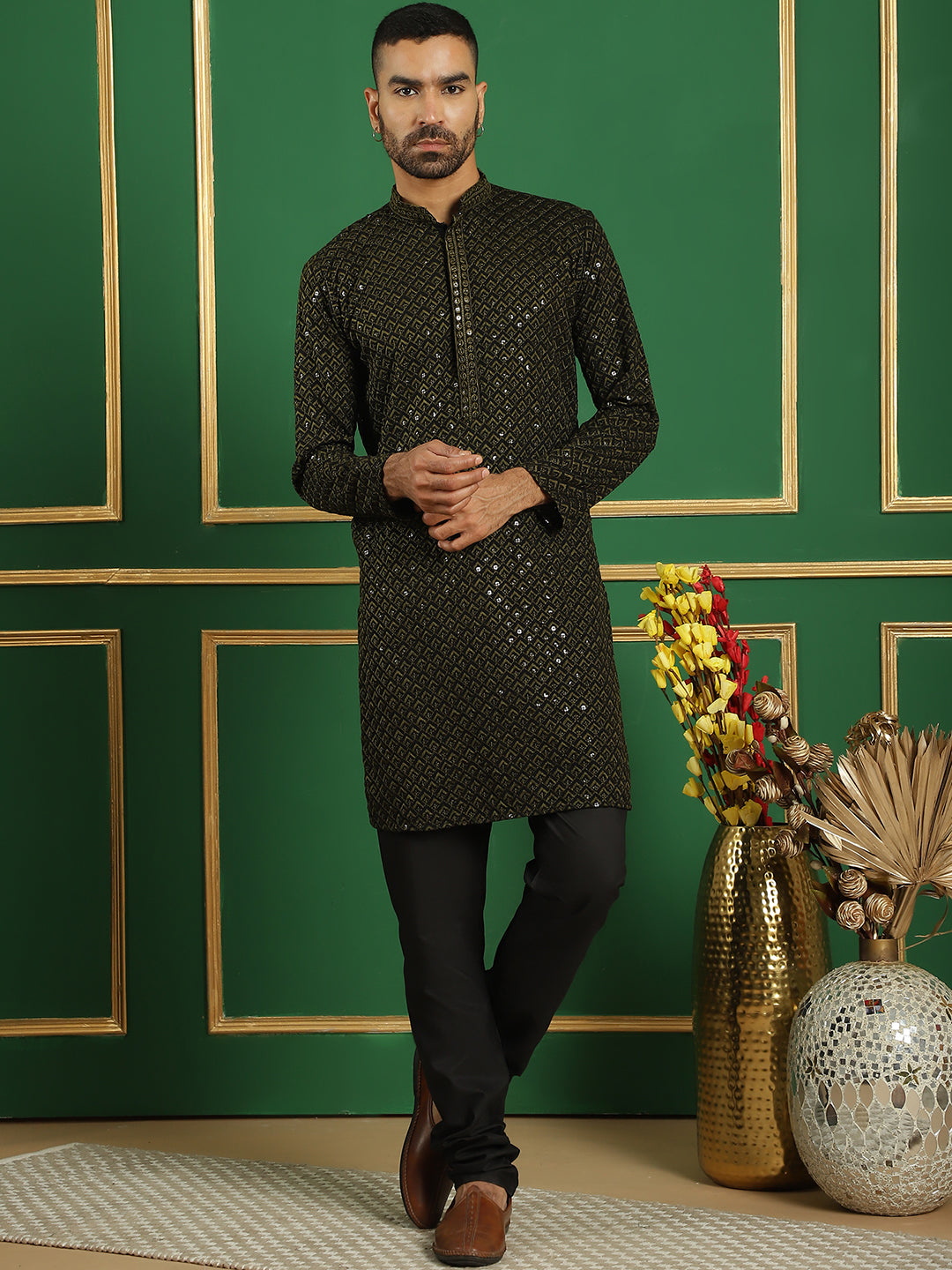 Men's Sequin Embroidered Pure Cotton Kurta with Pyjamas - Taantav