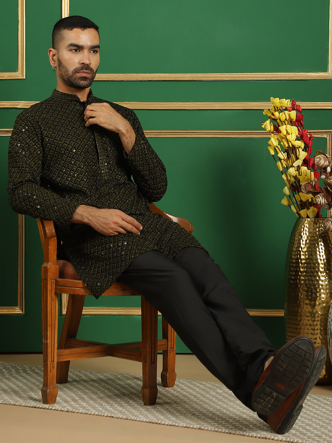 Men's Sequin Embroidered Pure Cotton Kurta with Pyjamas - Taantav