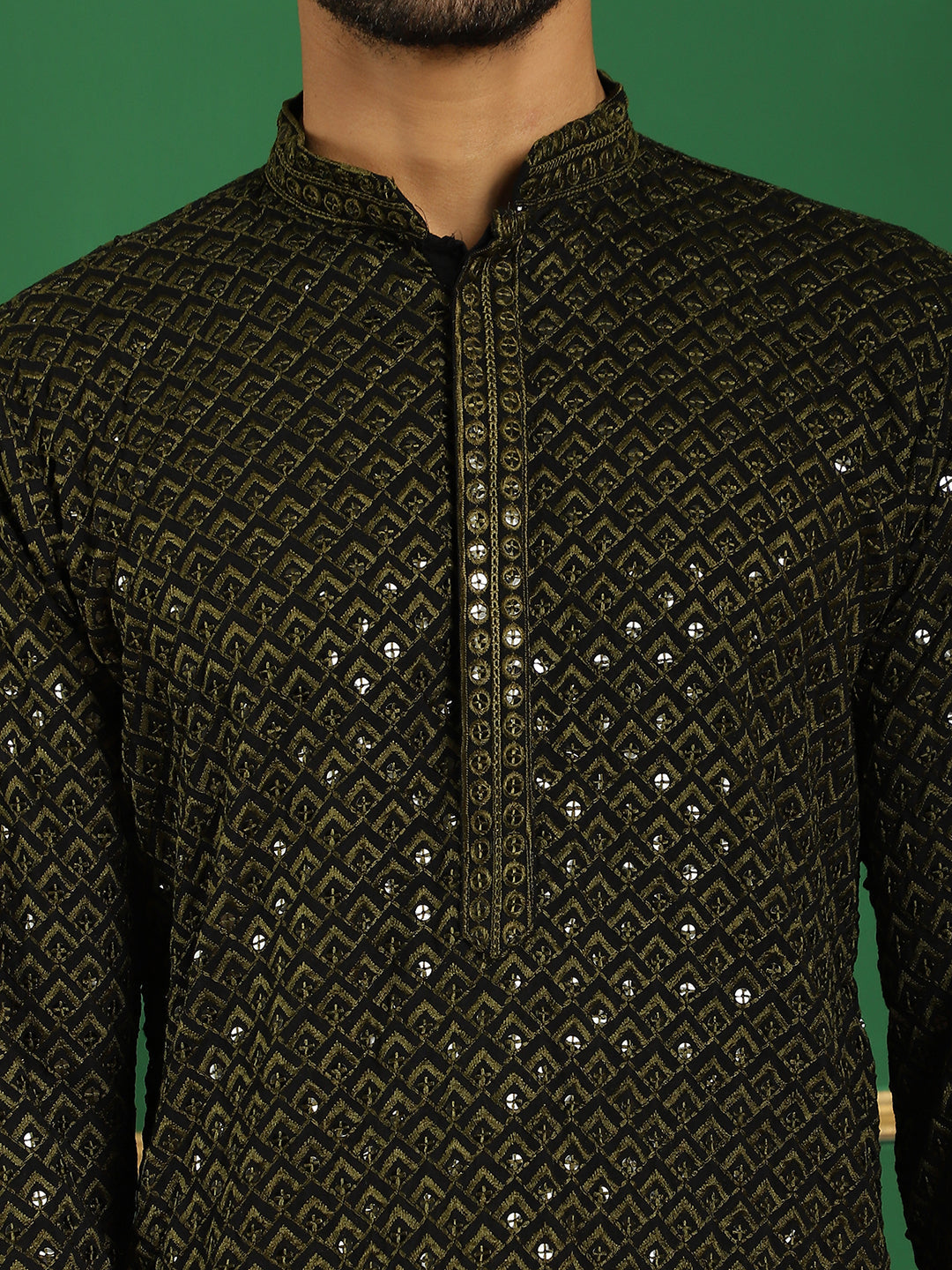 Men's Sequin Embroidered Pure Cotton Kurta with Pyjamas - Taantav