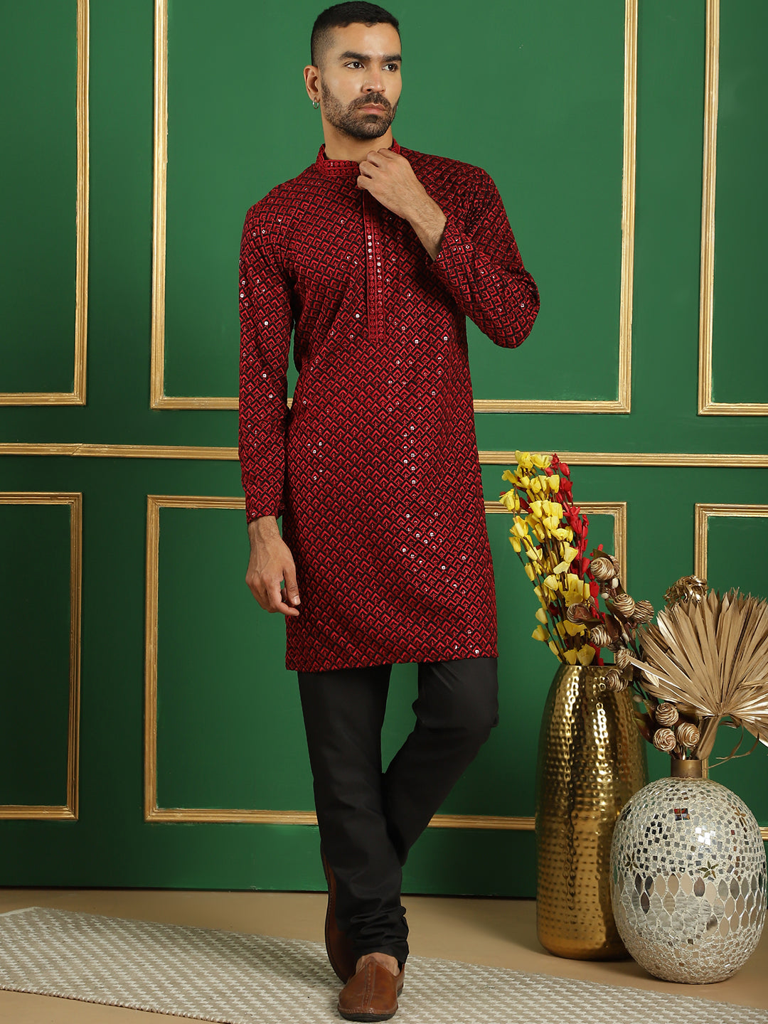 Men's Sequin Embroidered Pure Cotton Kurta with Pyjamas - Taantav