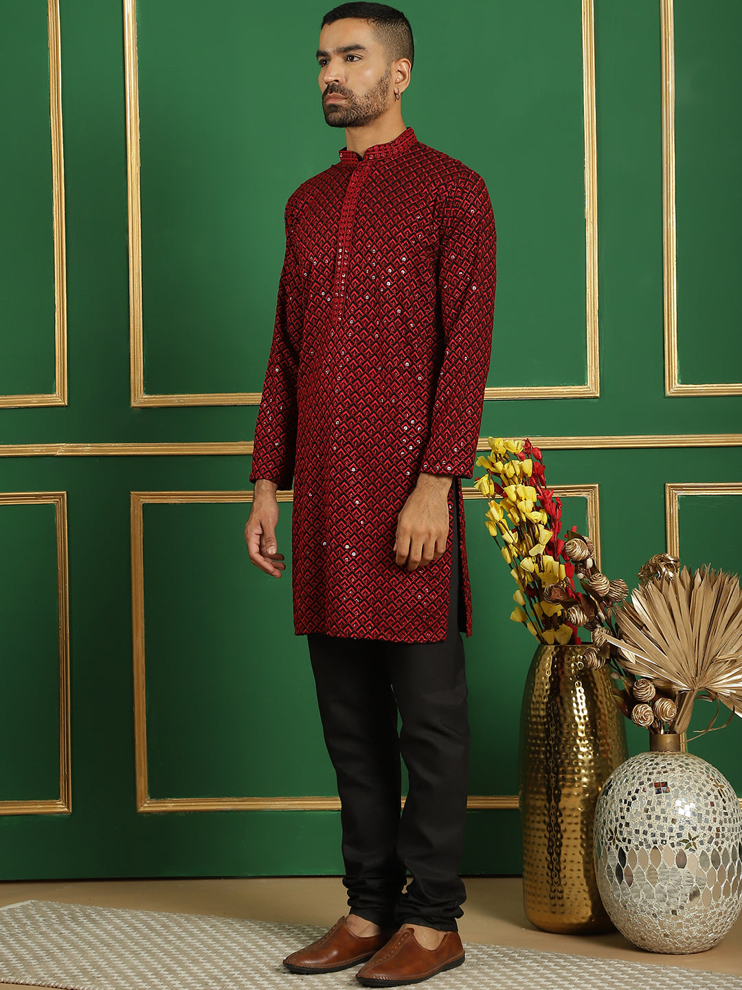 Men's Sequin Embroidered Pure Cotton Kurta with Pyjamas - Taantav