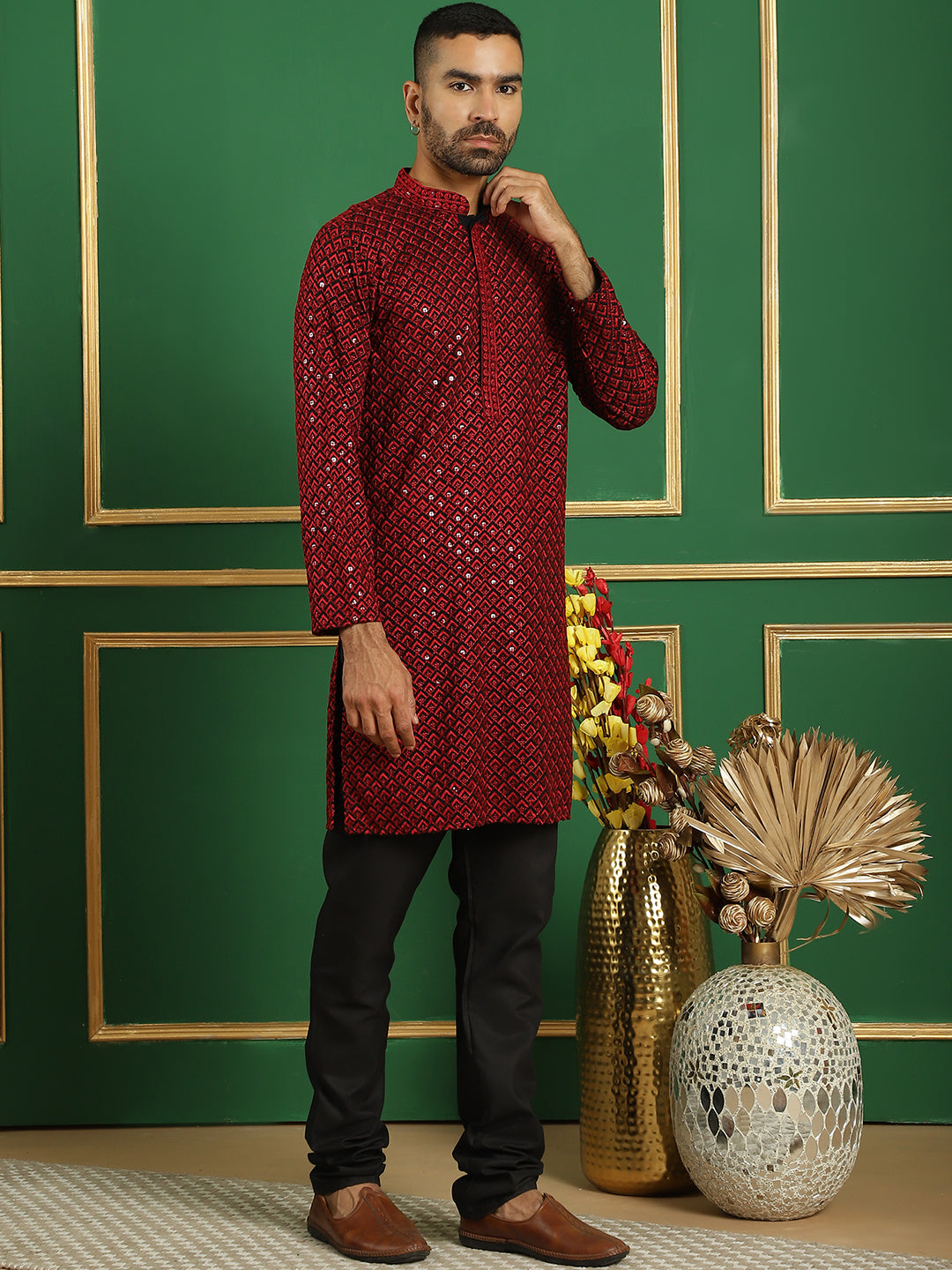 Men's Sequin Embroidered Pure Cotton Kurta with Pyjamas - Taantav