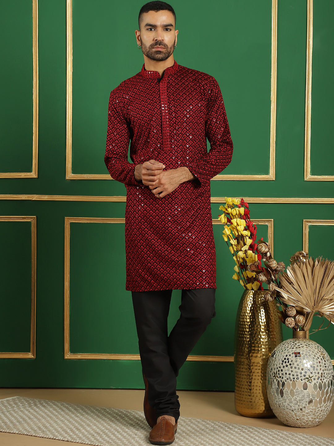 Men's Sequin Embroidered Pure Cotton Kurta with Pyjamas - Taantav