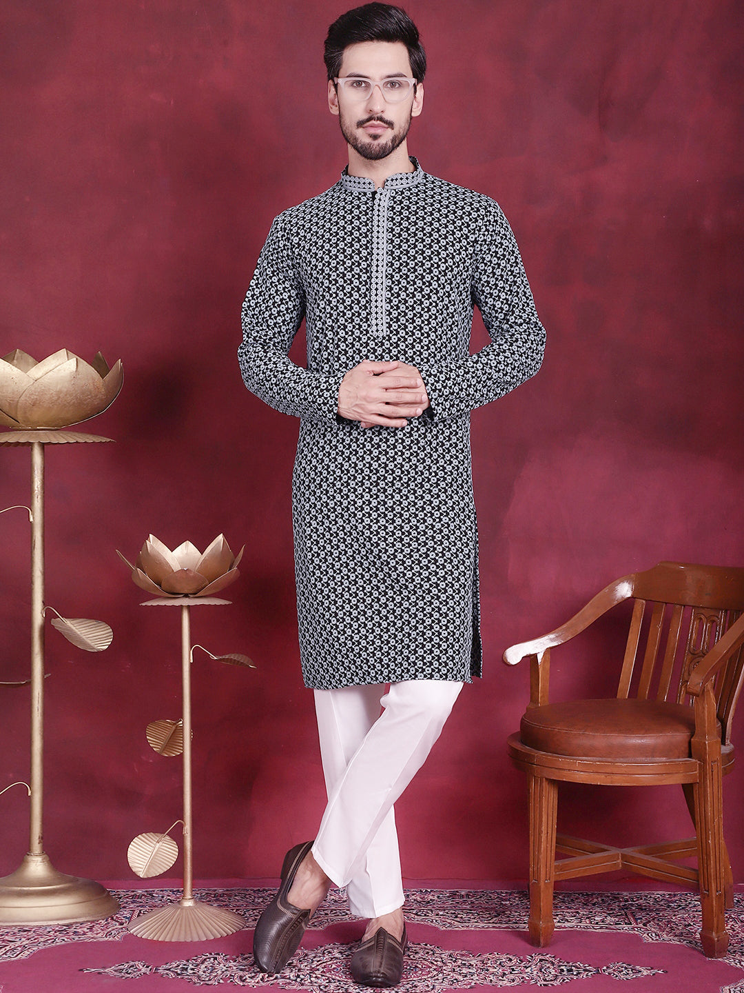 Men's Sequins Embroidered Kurta with Pyjama - Taantav