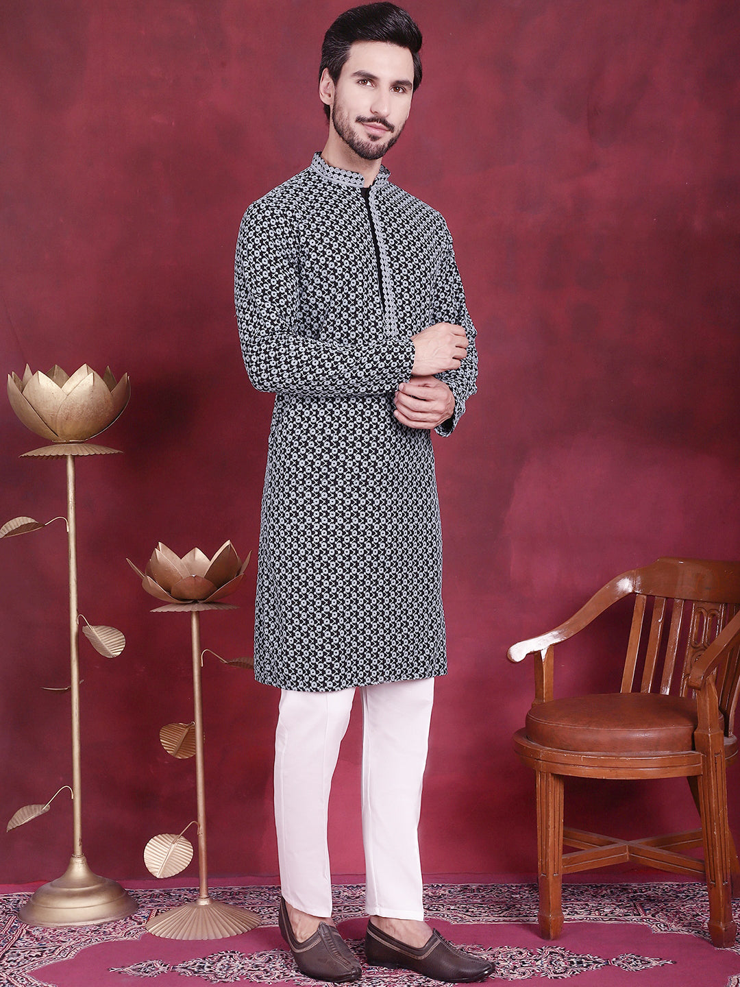 Men's Sequins Embroidered Kurta with Pyjama - Taantav