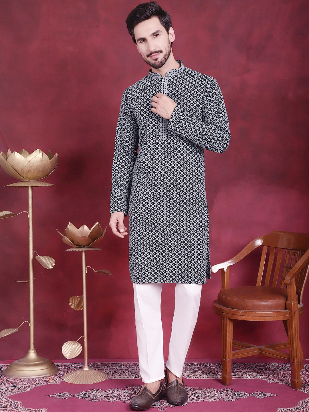 Men's Sequins Embroidered Kurta with Pyjama - Taantav